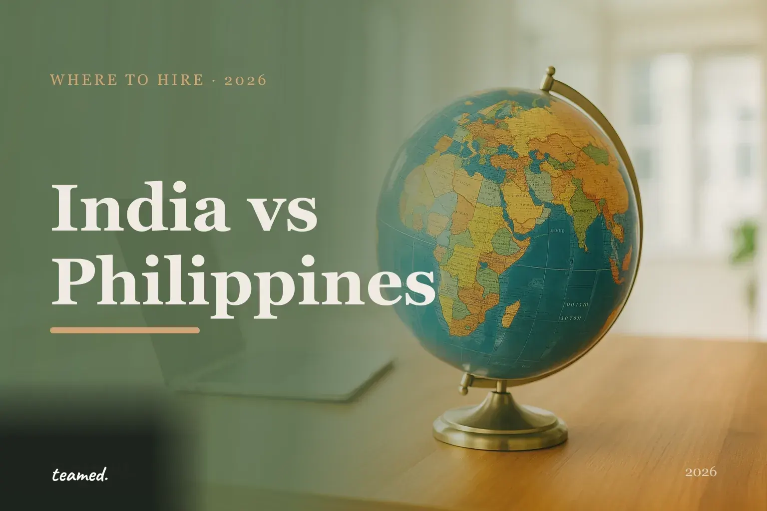 Retro editorial illustration comparing India and the Philippines as Asia-Pacific hiring destinations, with stylised maps against a parchment background in amber and sage.