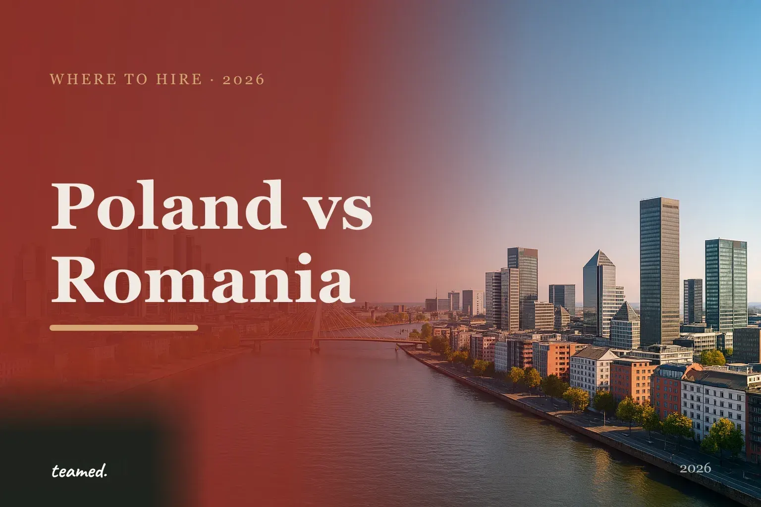 Editorial risograph cover comparing Poland and Romania as hiring destinations, rendered in amber and sage on a parchment background.