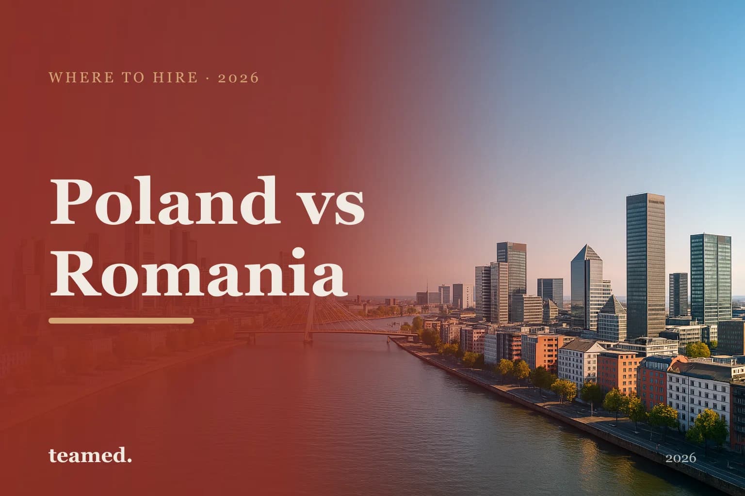 Editorial risograph cover comparing Poland and Romania as hiring destinations, rendered in amber and sage on a parchment background.