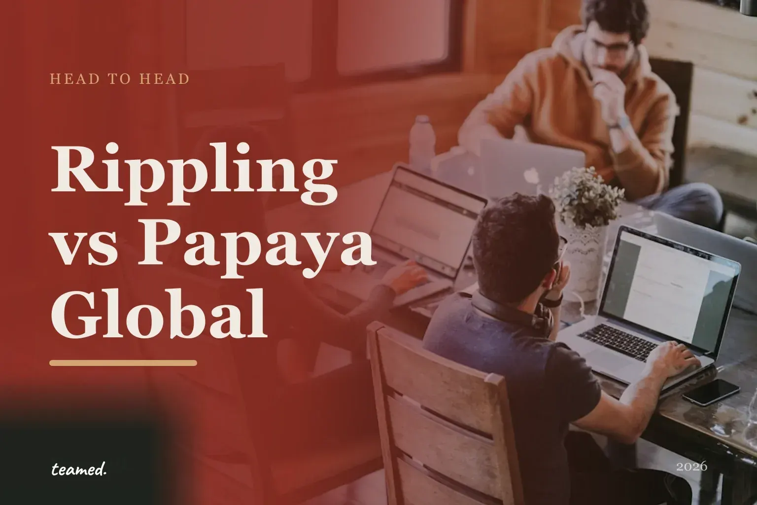 Retro editorial illustration of two global-hiring platform approaches side by side, with a stylised globe and road-trip motif on a parchment background.