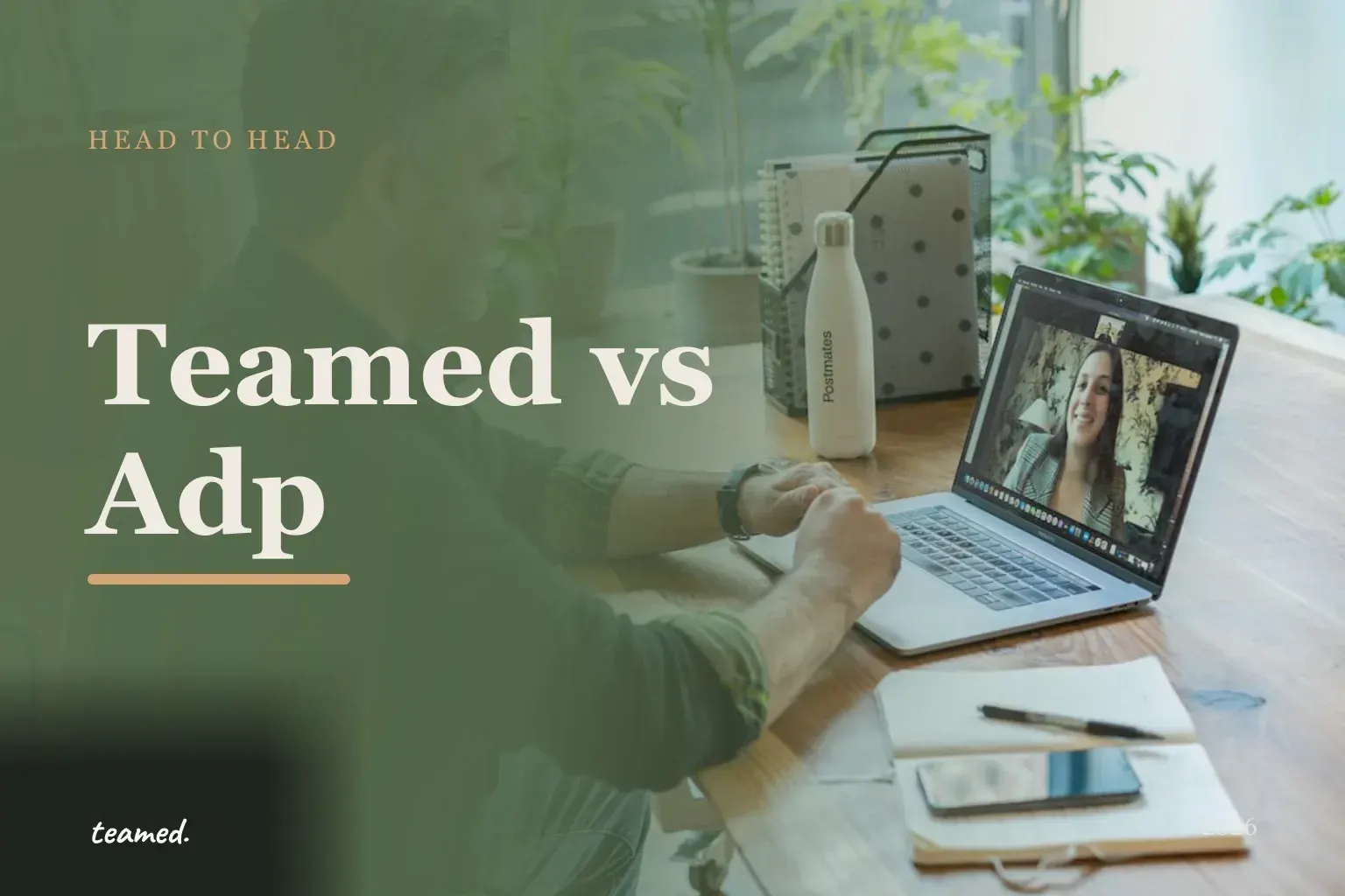 Editorial comparison cover with the Teamed wordmark and risograph circles in amber, sienna and sage, representing the Teamed vs ADP head-to-head.