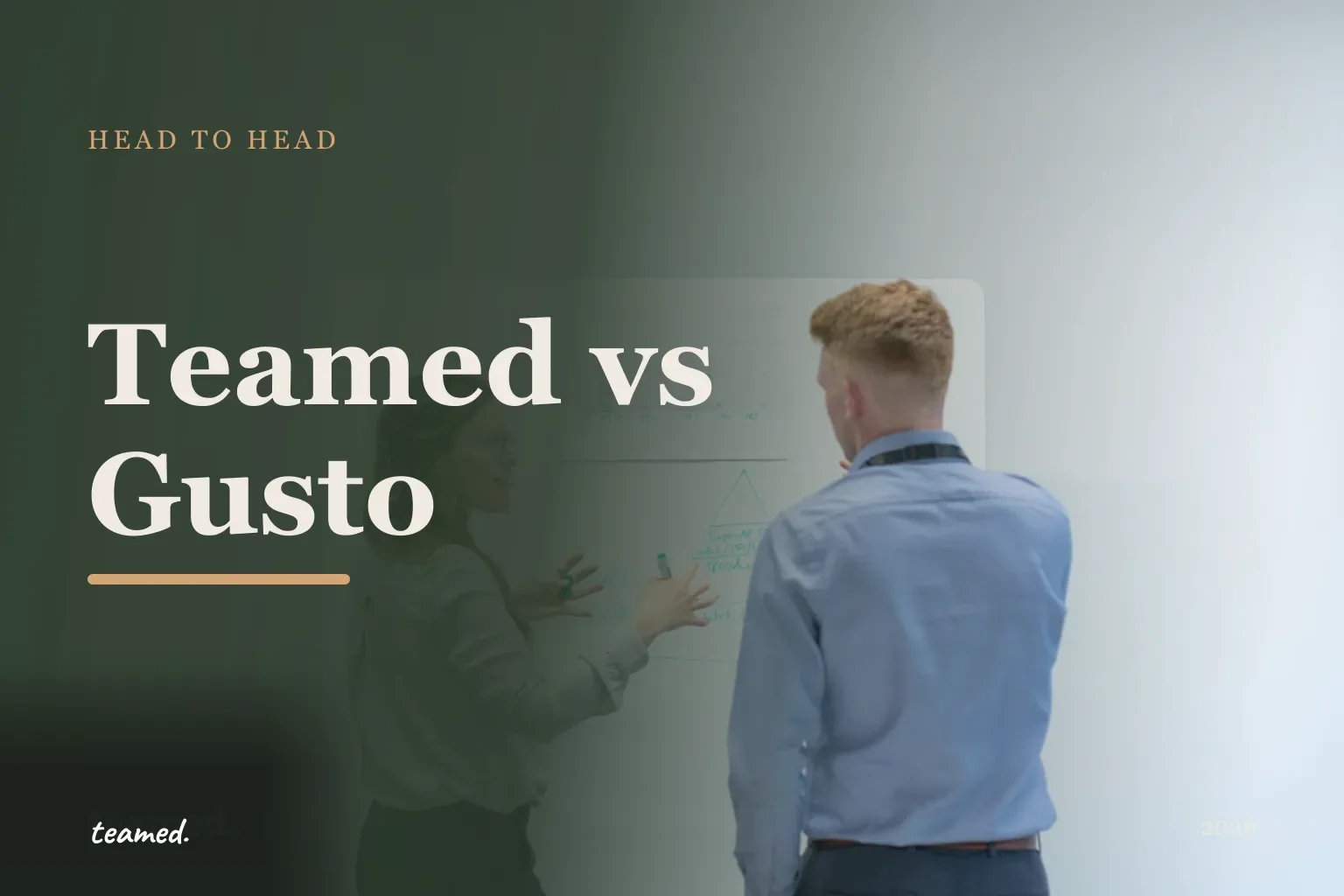 Editorial hero in the Teamed brand colours for the Teamed vs Gusto comparison.