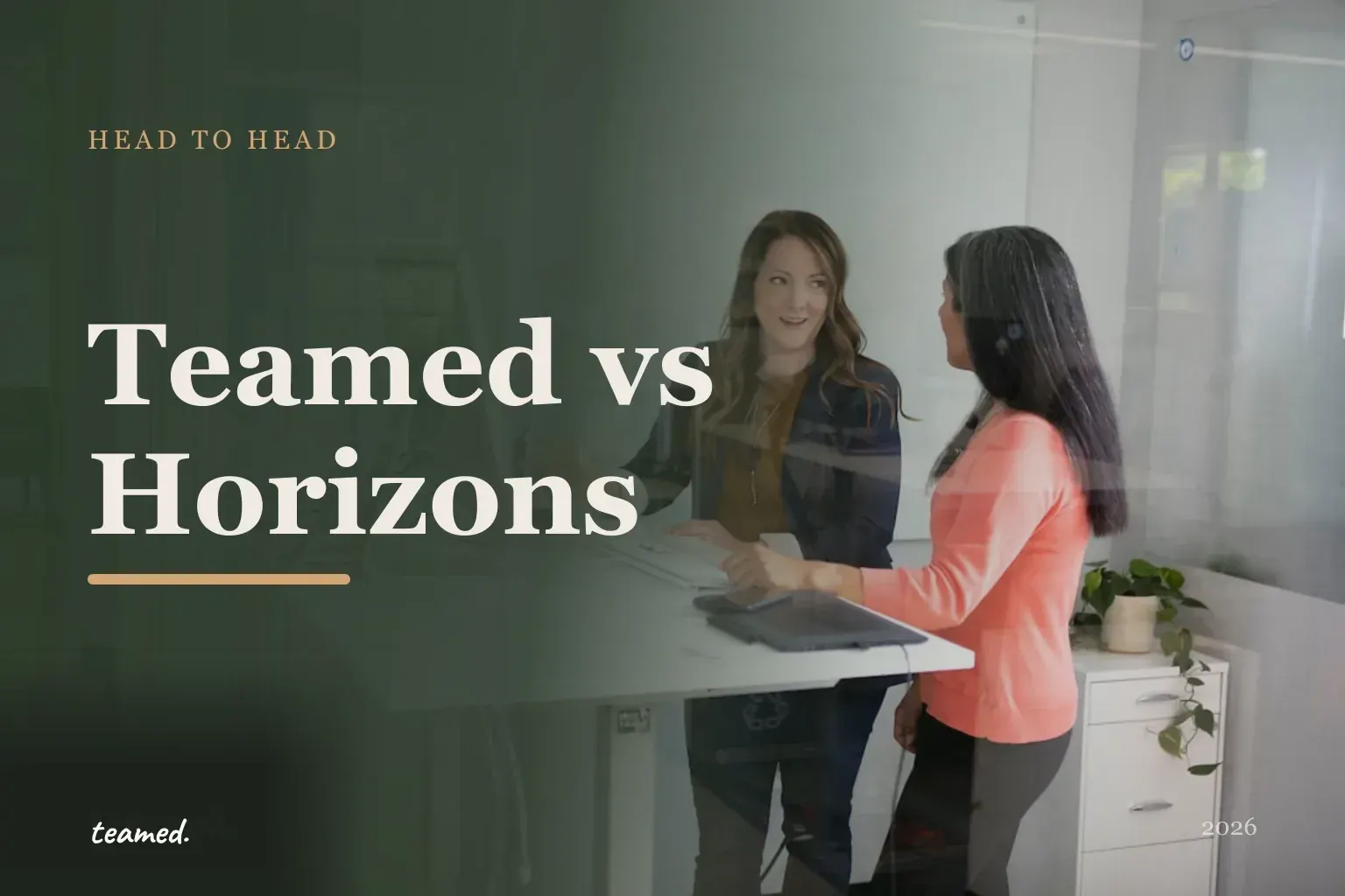 Editorial hero in the Teamed brand colours for the Teamed vs Horizons comparison.