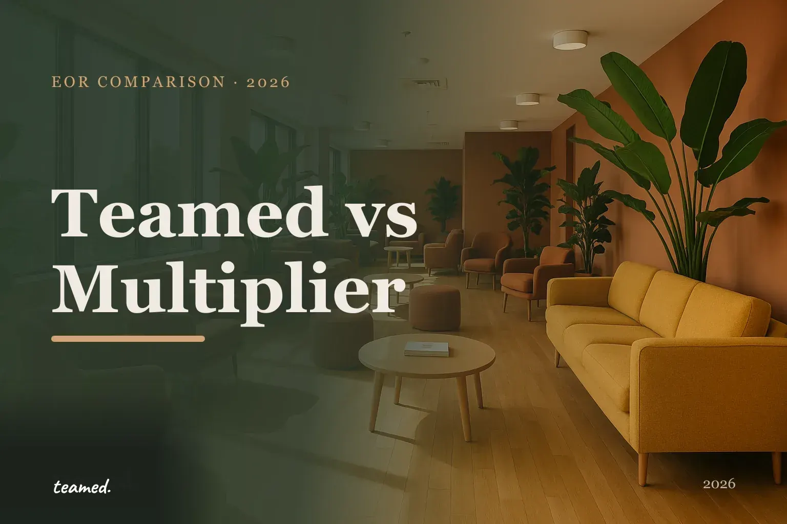 Editorial hero in the Teamed brand colours for the Teamed vs Multiplier comparison across the EOR-to-entity lifecycle.