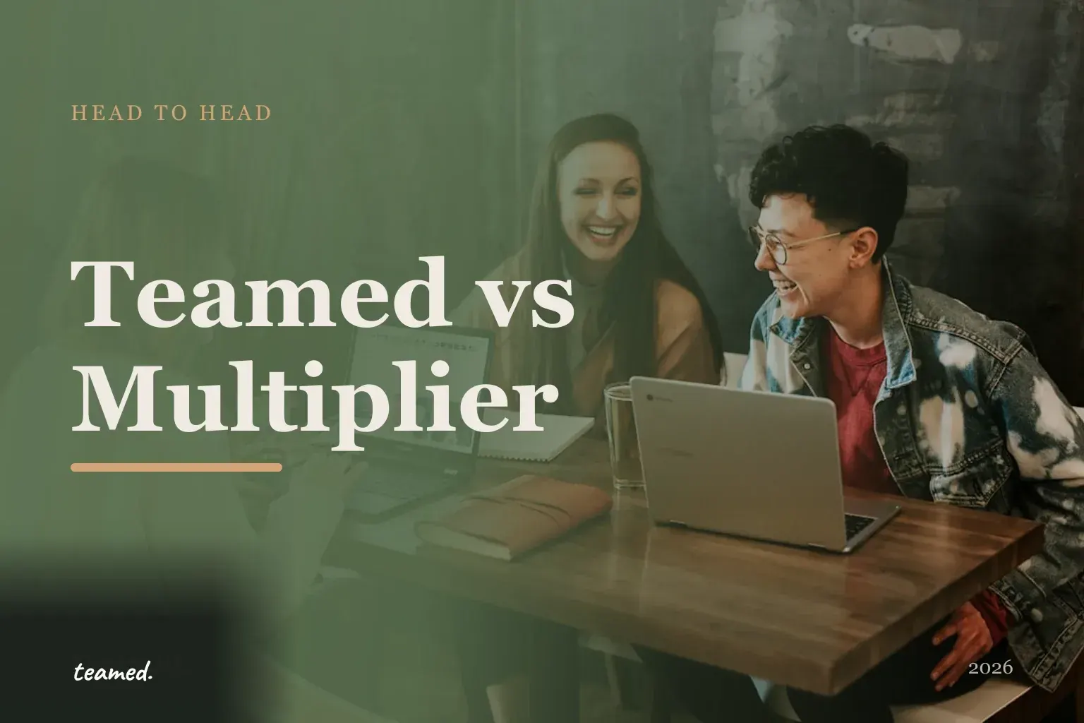 Editorial hero in the Teamed brand colours for the Teamed vs Multiplier comparison.