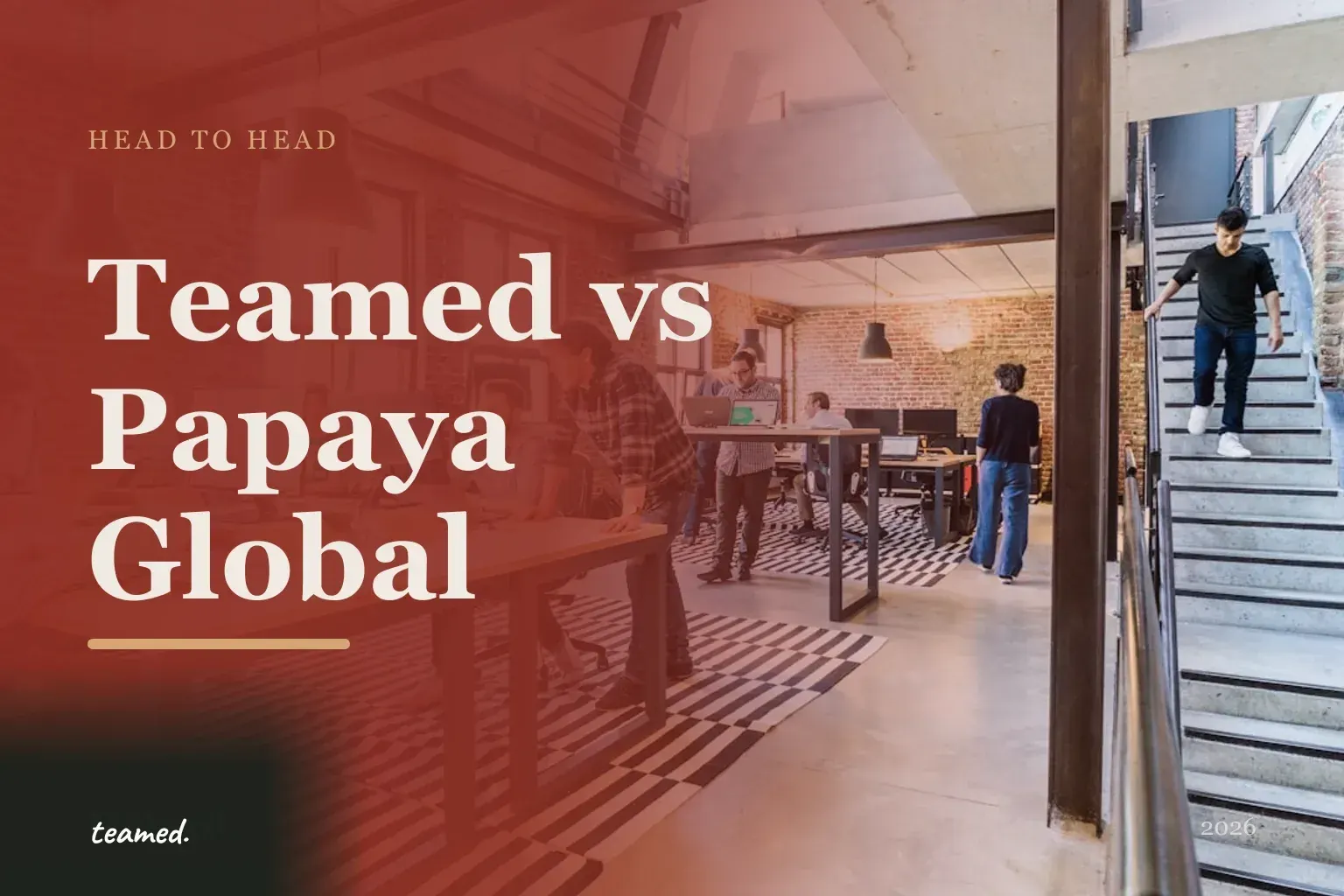 Editorial hero in the Teamed brand colours for the Teamed vs Papaya Global comparison.