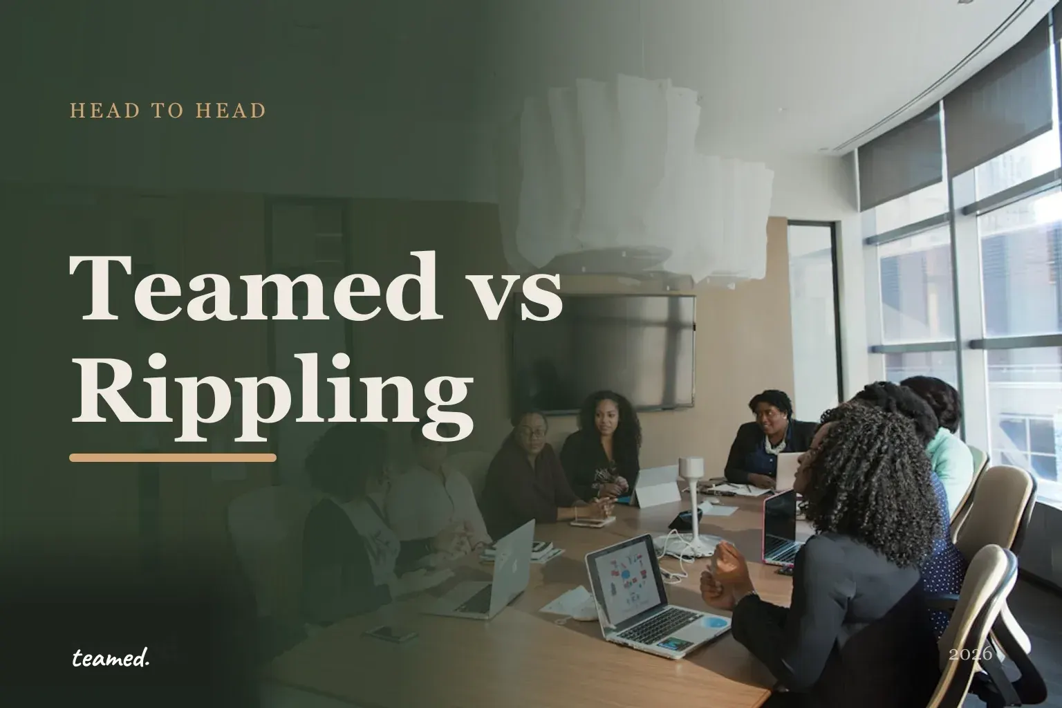 Editorial hero in the Teamed brand colours for the Teamed vs Rippling comparison.