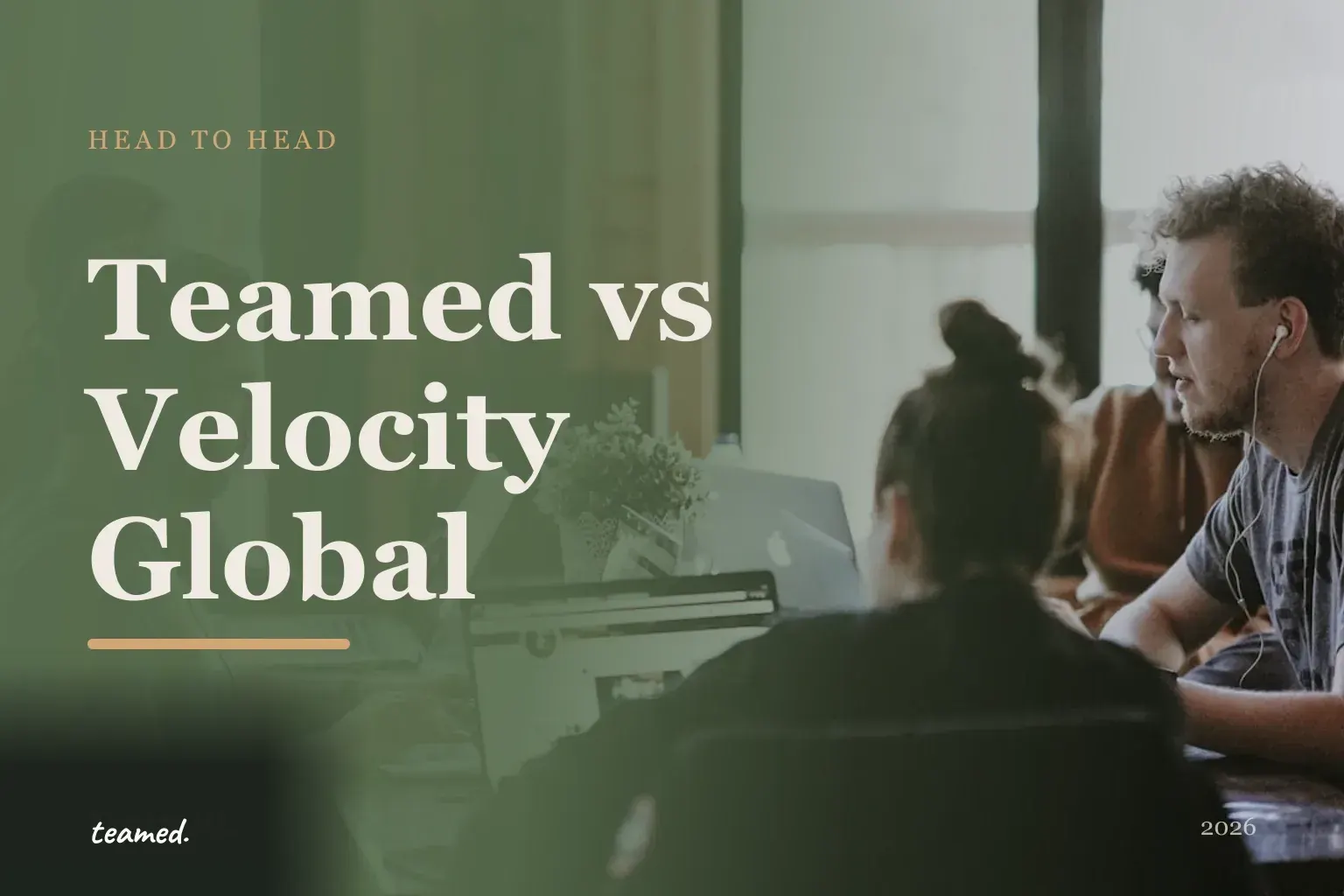 Editorial hero in the Teamed brand colours for the Teamed vs Velocity Global comparison.