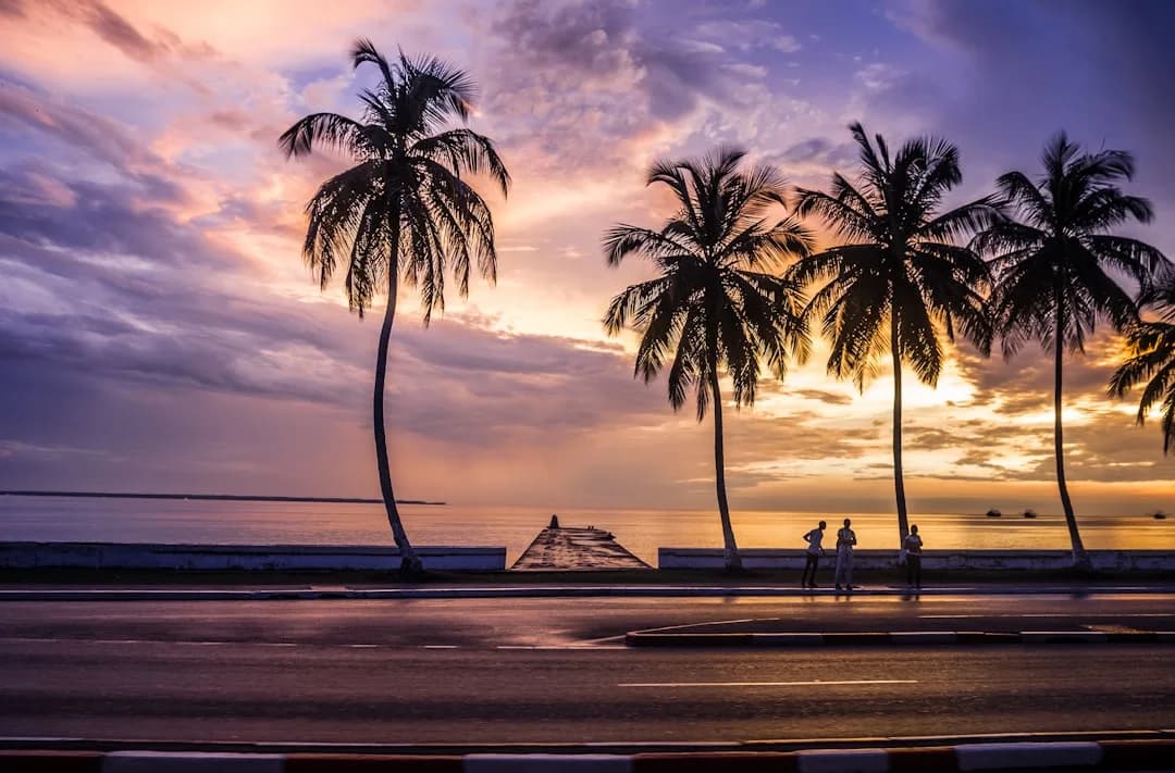 Libreville waterfront at dusk: the Omar Bongo Bridge reflected in the Komo estuary, palm trees in the foreground and the equatorial sky shifting from orange to deep blue.