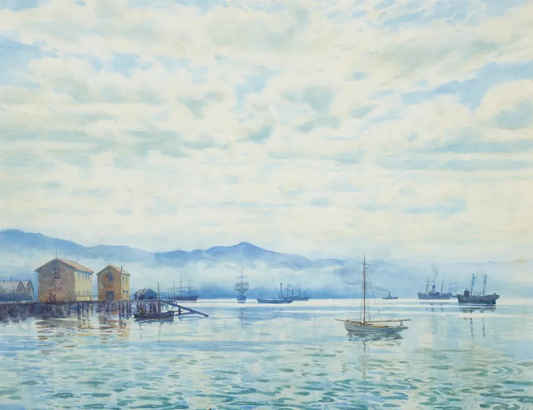 A warm wide illustration of Wellington harbour at golden hour: the green hills rising behind the waterfront, the cable car line, and small sailing boats on calm water under a soft amber sky.