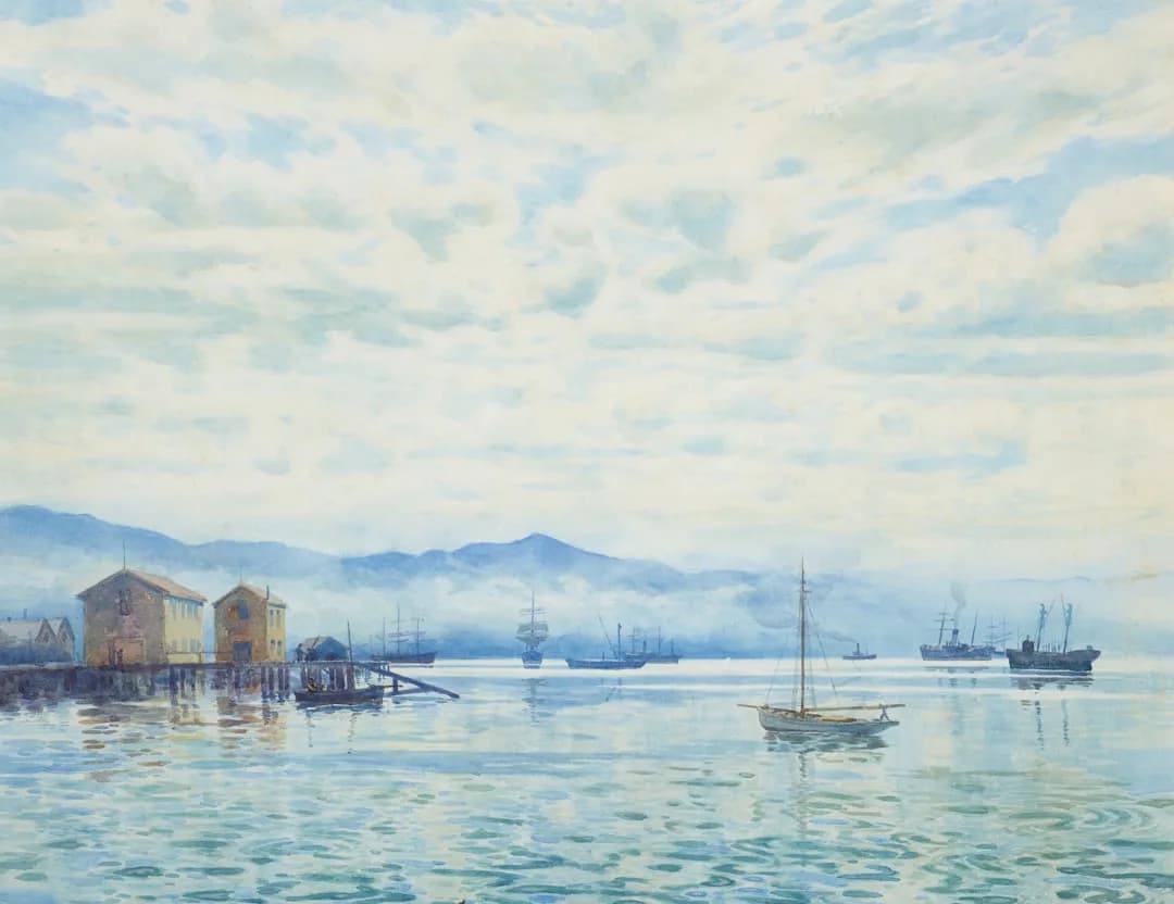 A warm wide illustration of Wellington harbour at golden hour: the green hills rising behind the waterfront, the cable car line, and small sailing boats on calm water under a soft amber sky.