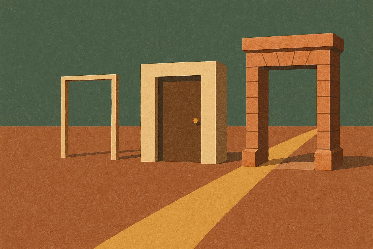 Three doorways in a row, each more solid than the last, with one unbroken path running through all three.