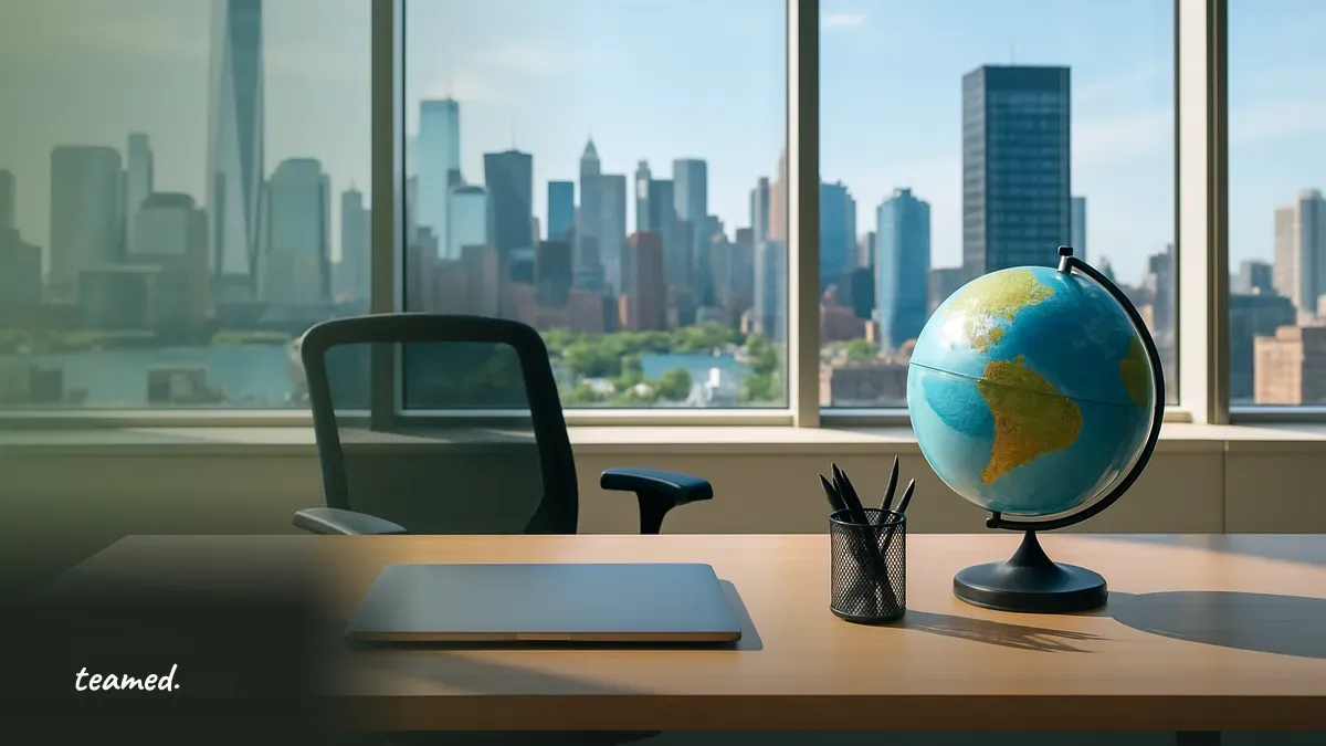 A bright modern office scene with a closed laptop and a globe, symbolizing global HR solutions for fast-growing teams.