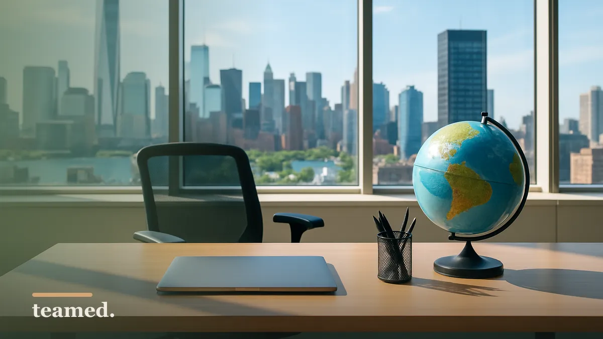 A bright modern office scene with a closed laptop and a globe, symbolizing global HR solutions for fast-growing teams.