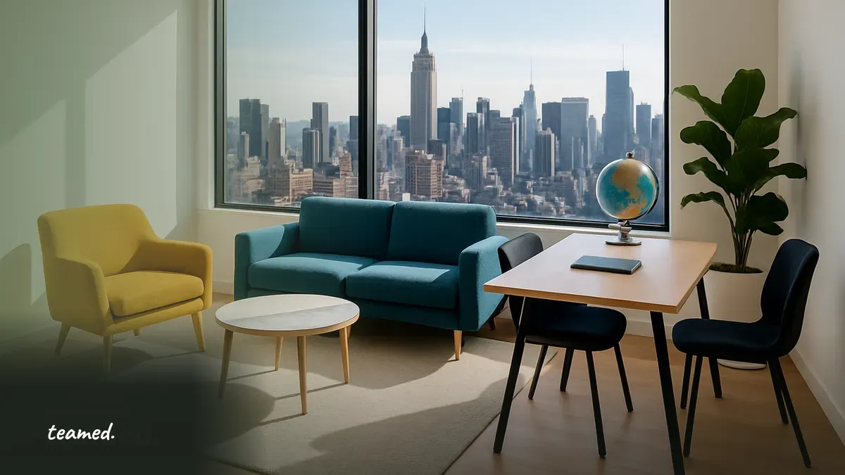 A modern office with a city skyline view, symbolizing global employment services.