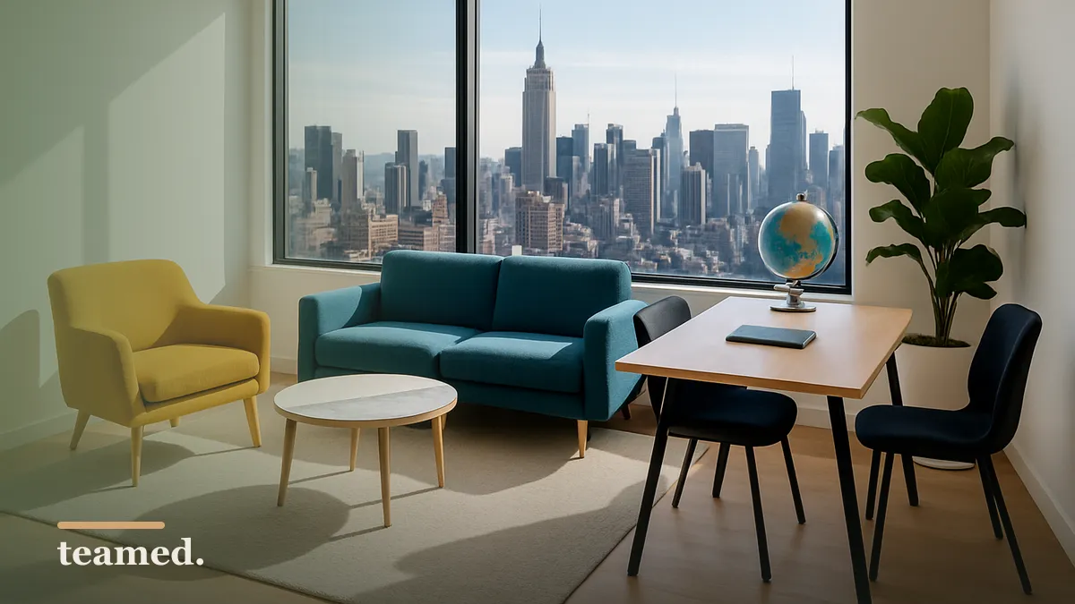 A modern office with a city skyline view, symbolizing global employment services.