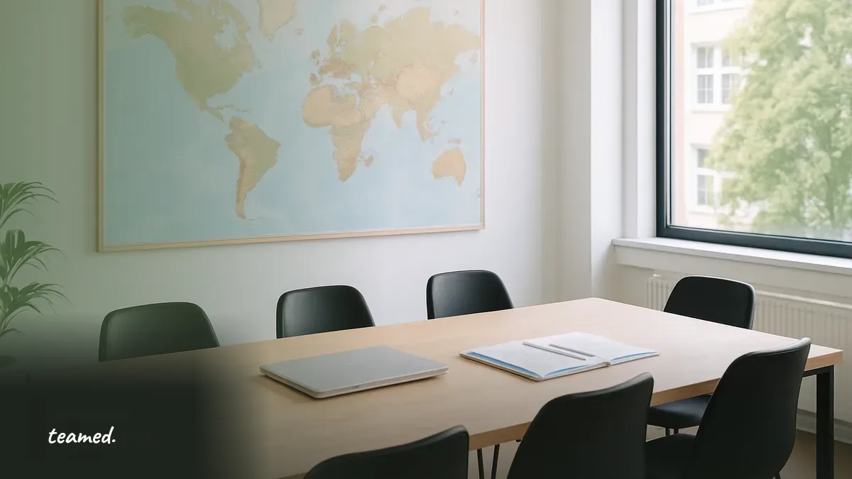 A clean office space with a closed laptop and world map, symbolizing the financial considerations of employment versus contracting.