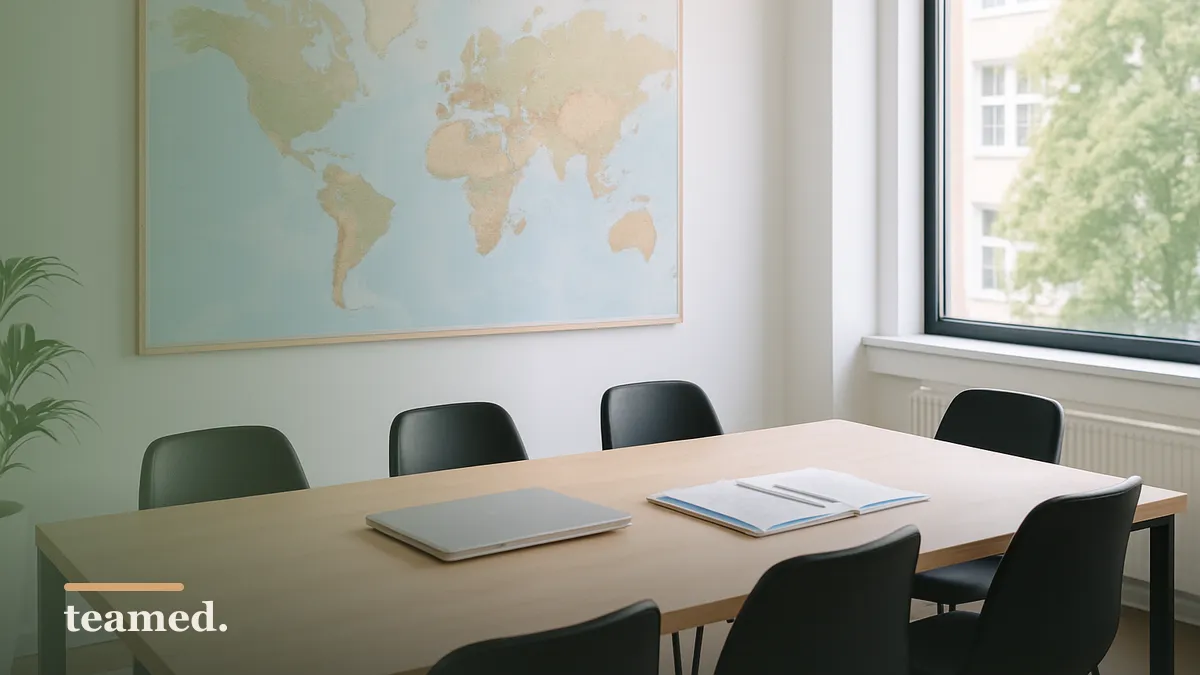 A clean office space with a closed laptop and world map, symbolizing the financial considerations of employment versus contracting.