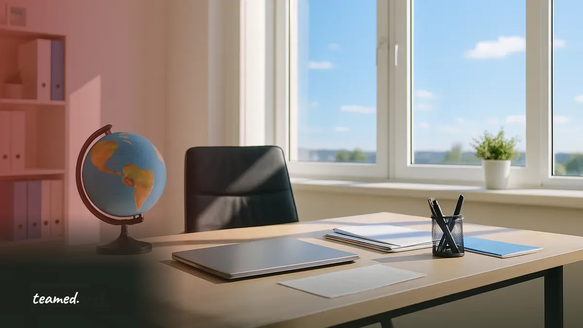 A modern office scene with a globe and closed laptop, symbolizing global employment and worker classifications.