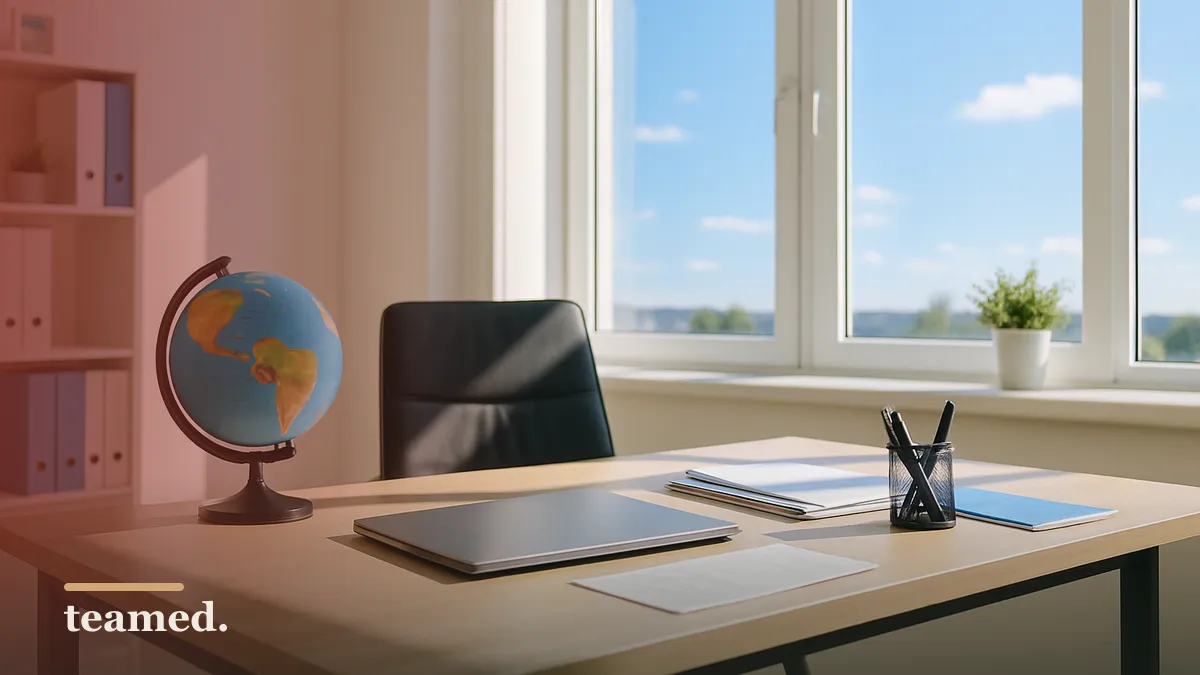 A modern office scene with a globe and closed laptop, symbolizing global employment and worker classifications.