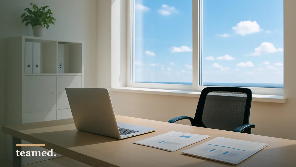A modern office desk with a closed laptop and organized documents, symbolizing best practices in HR data compliance.
