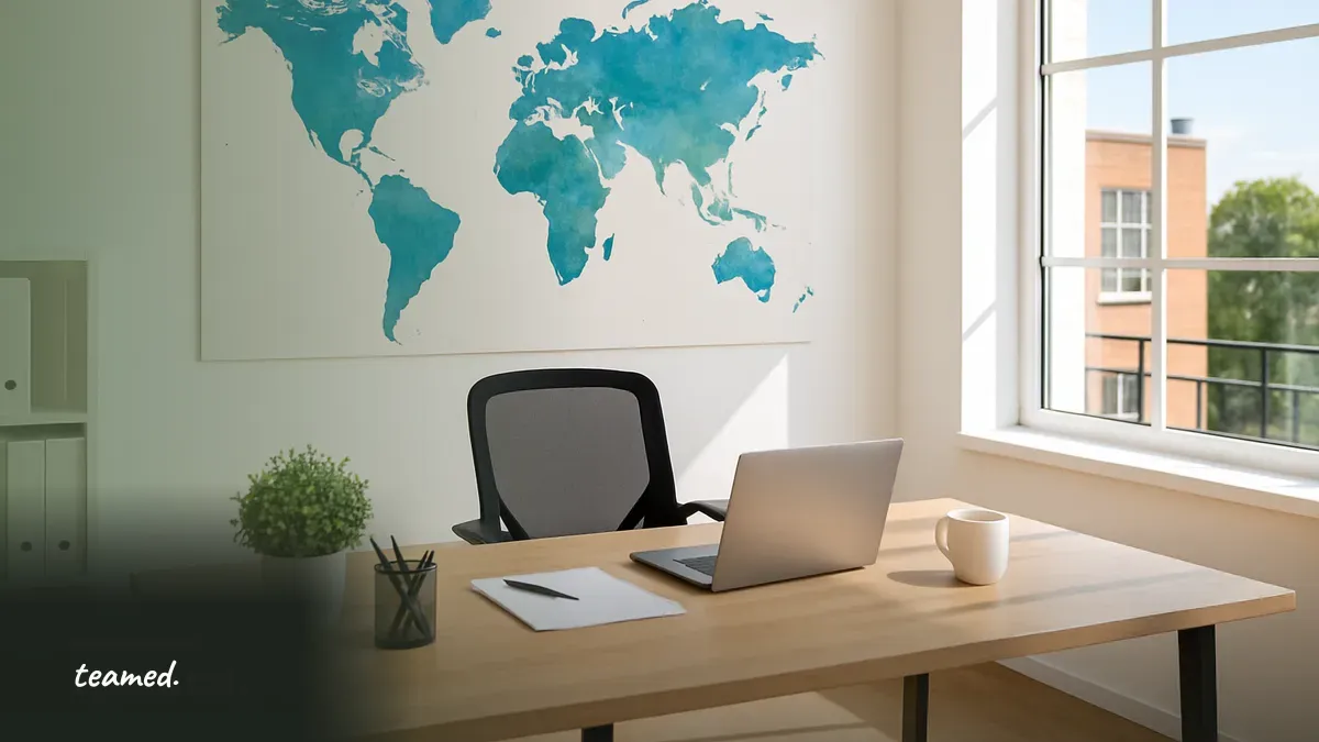 A modern office scene with a world map and desk items, symbolizing global readiness for the future.