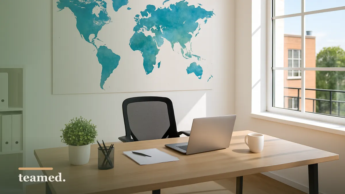 A modern office scene with a world map and desk items, symbolizing global readiness for the future.