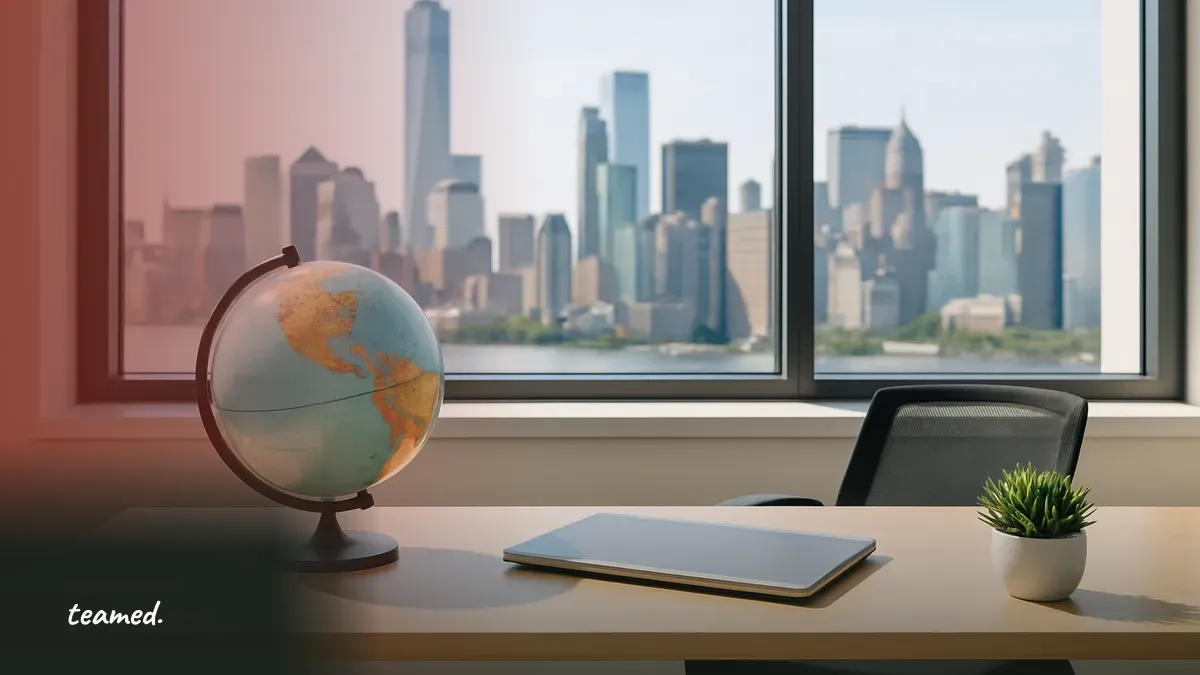 A modern office scene with a globe and a closed laptop, representing remote hiring and employment in Canada.