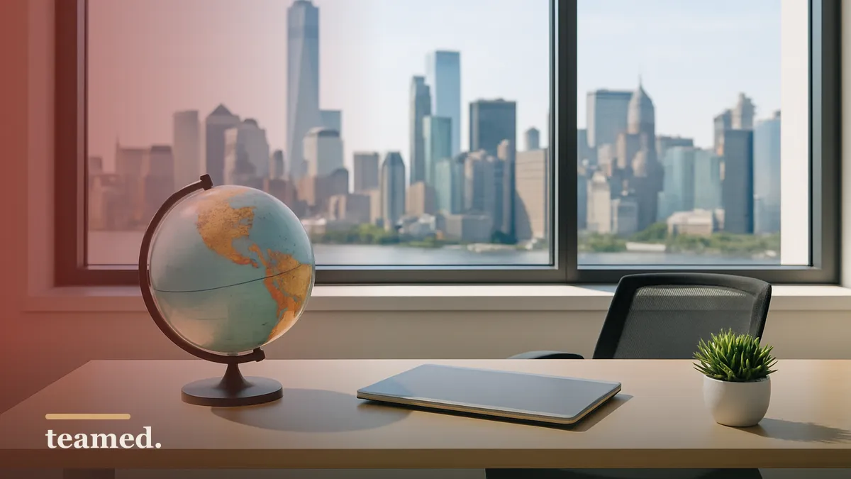 A modern office scene with a globe and a closed laptop, representing remote hiring and employment in Canada.