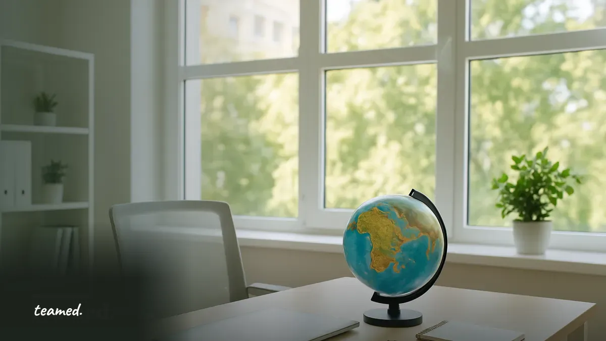 A modern office space with a globe and a tidy desk, symbolizing global employment and EOR services.