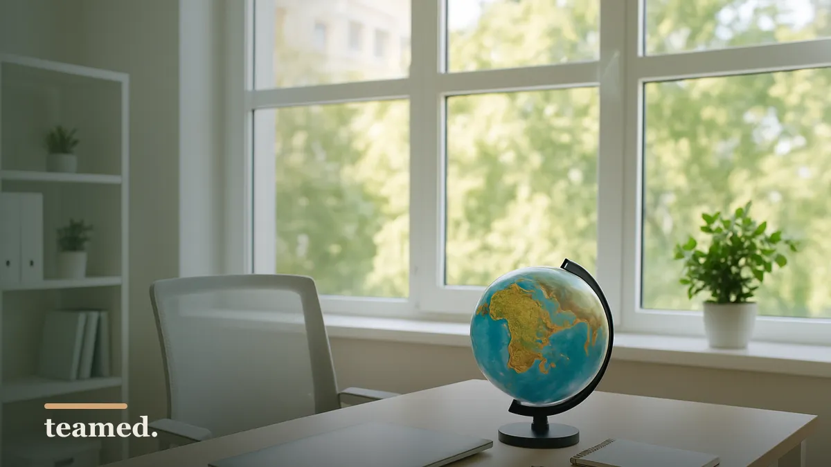 A modern office space with a globe and a tidy desk, symbolizing global employment and EOR services.