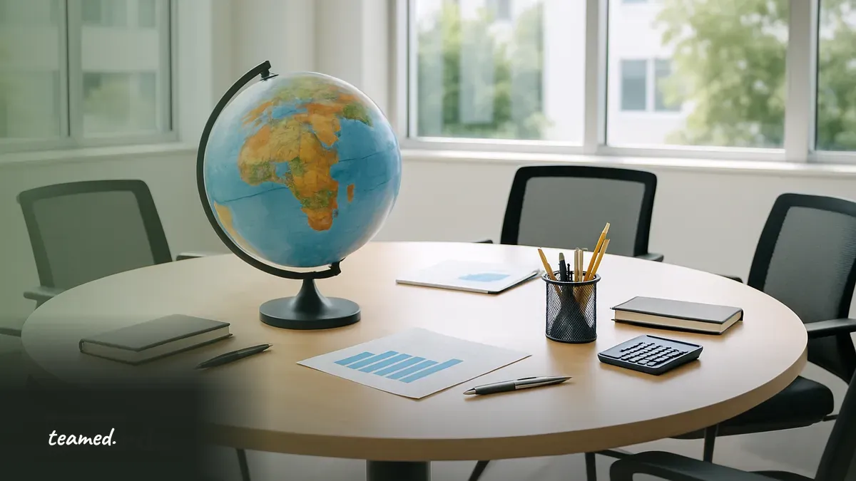 A bright meeting room with a globe and office supplies, representing global payroll regulatory changes.