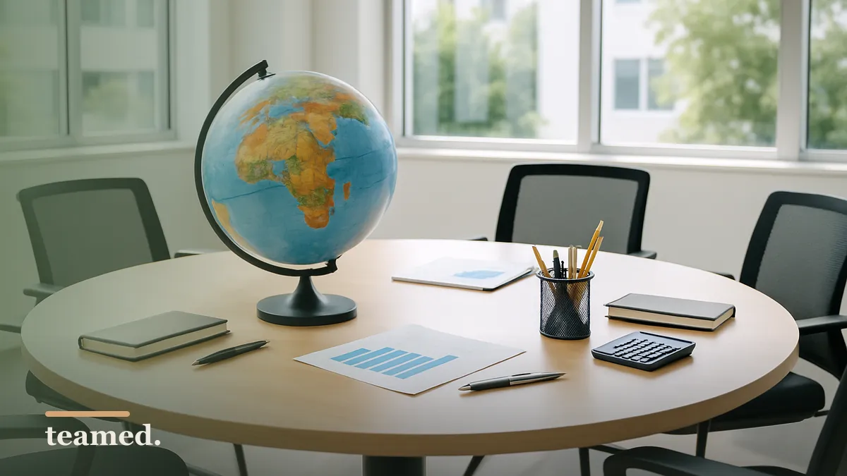 A bright meeting room with a globe and office supplies, representing global payroll regulatory changes.