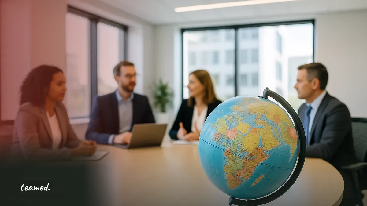 A bright office meeting room featuring a globe, representing global employment and job market discussions.
