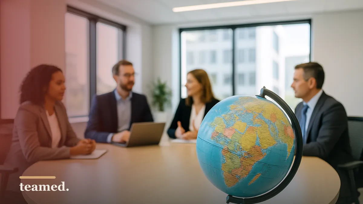 A bright office meeting room featuring a globe, representing global employment and job market discussions.