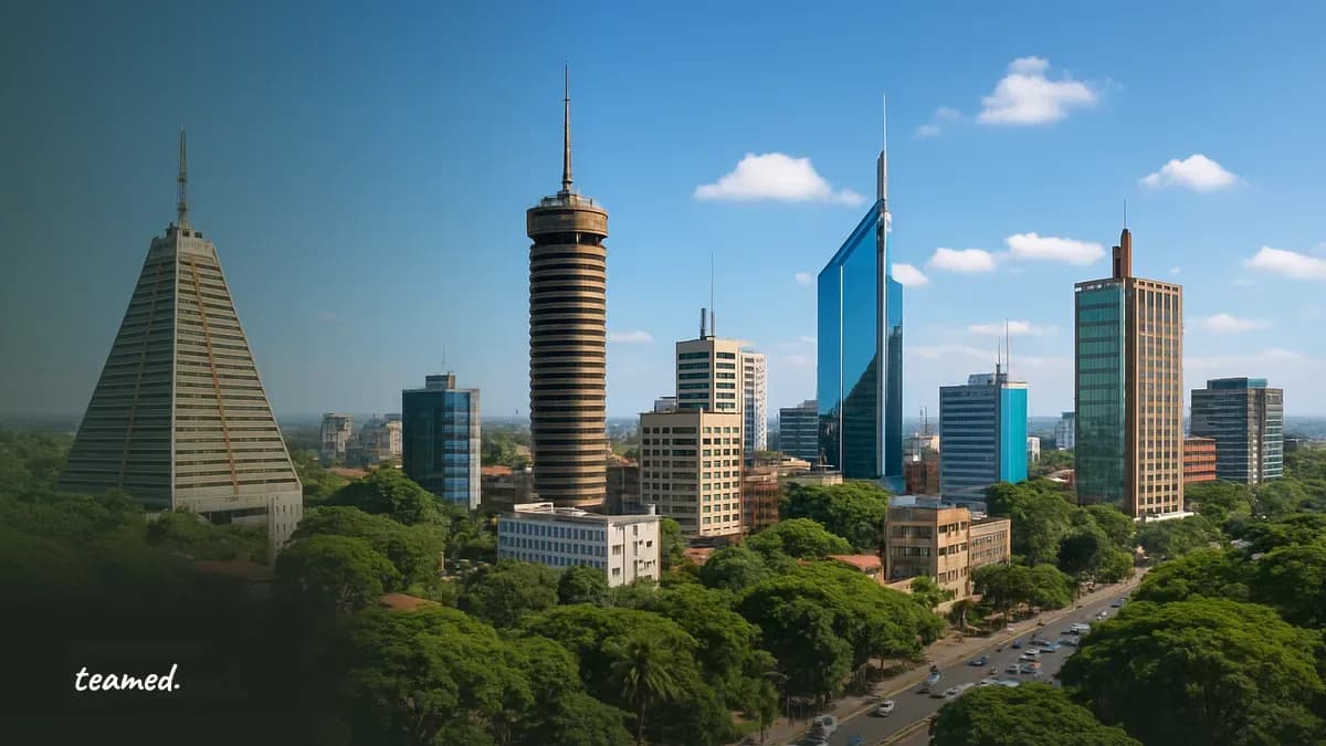 A panoramic view of a bustling African city with modern buildings and lush trees, highlighting the theme of global employment solutions.