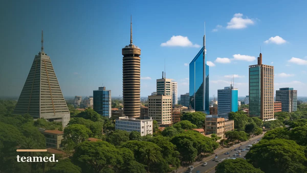 A panoramic view of a bustling African city with modern buildings and lush trees, highlighting the theme of global employment solutions.