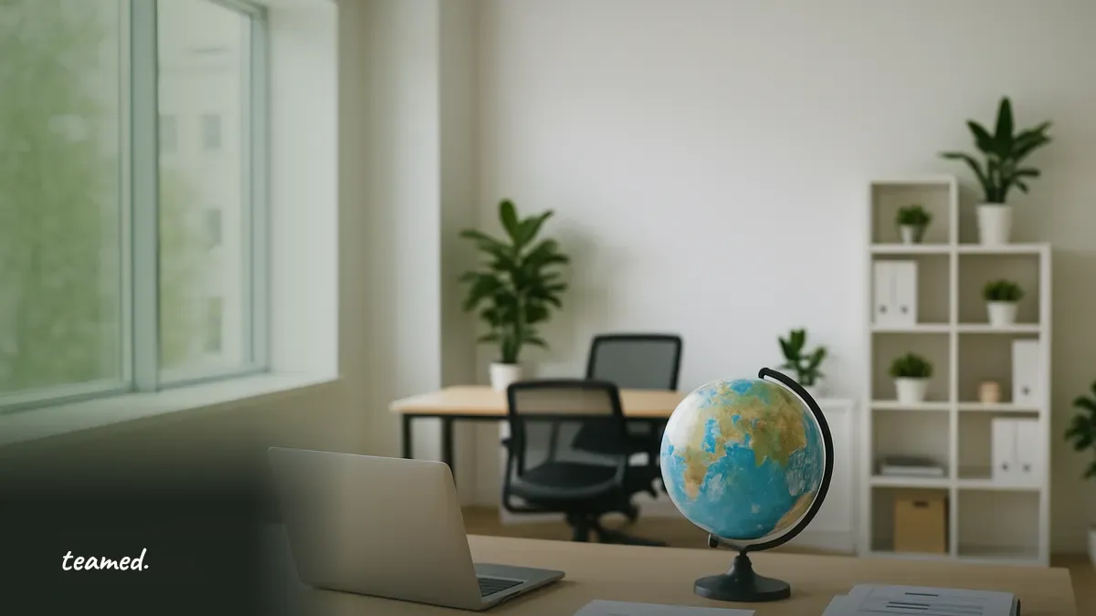 A clean office scene with a globe and organized desk, symbolizing global payroll implementation.