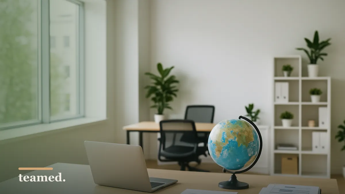 A clean office scene with a globe and organized desk, symbolizing global payroll implementation.
