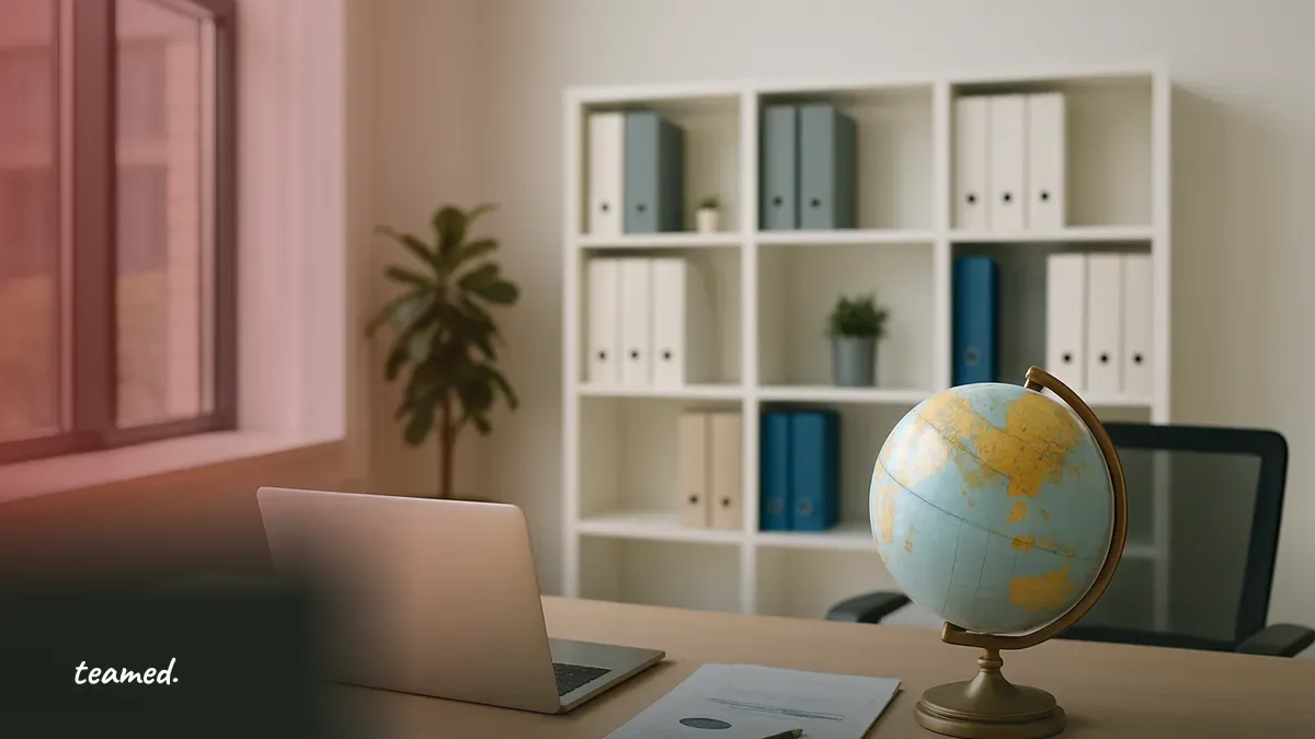 A clean office desk with a globe and laptop, symbolizing strategic pricing management for software entities.