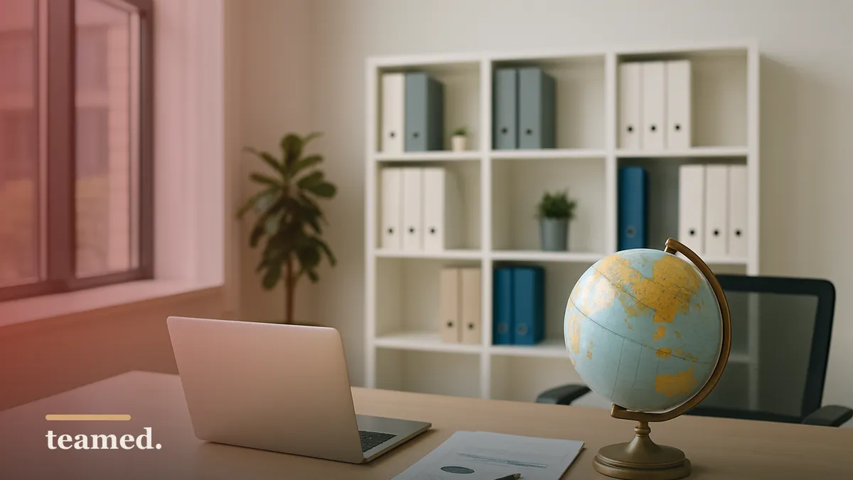 A clean office desk with a globe and laptop, symbolizing strategic pricing management for software entities.