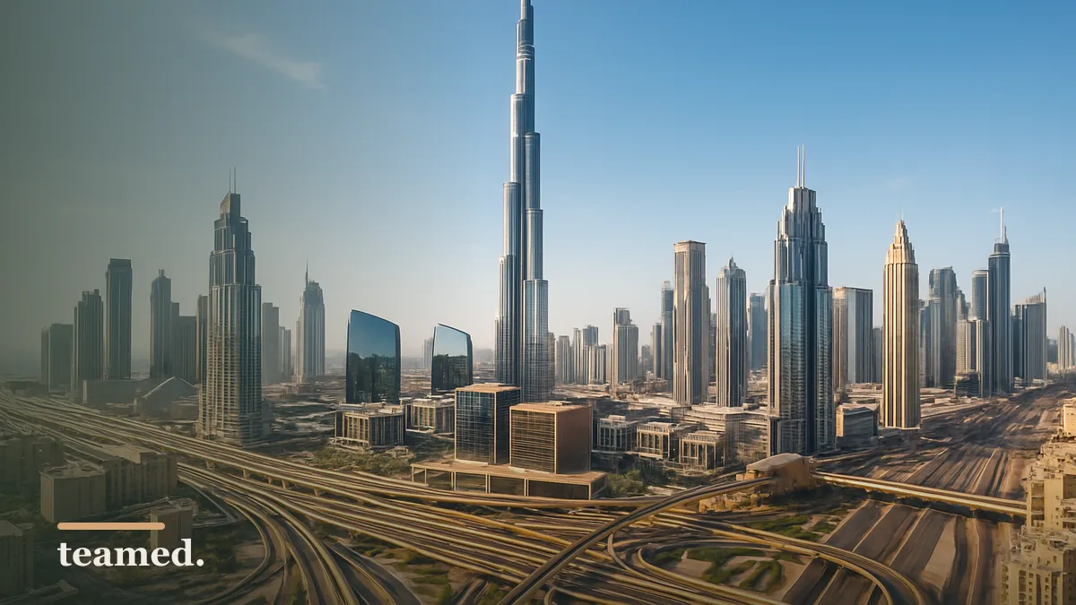 A bright view of the Burj Khalifa and Dubai skyline, symbolizing global employment opportunities in the UAE.