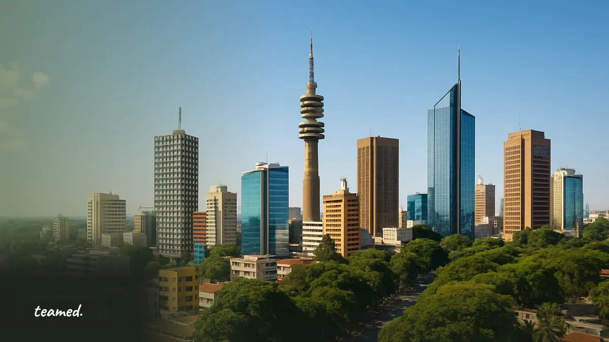 A bright city skyline with greenery, symbolizing growth and opportunity in the context of African EOR services.