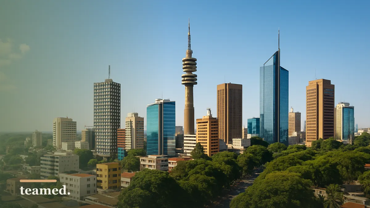 A bright city skyline with greenery, symbolizing growth and opportunity in the context of African EOR services.