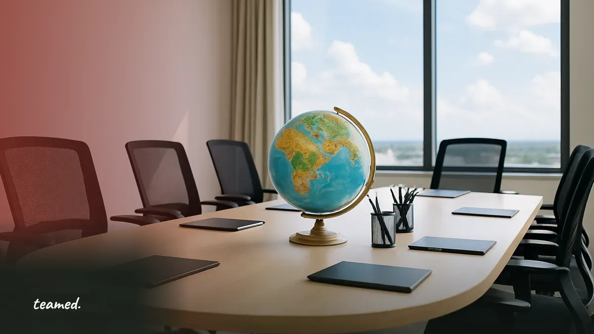 A bright meeting room with a globe and pens on a conference table, representing global hiring compliance.
