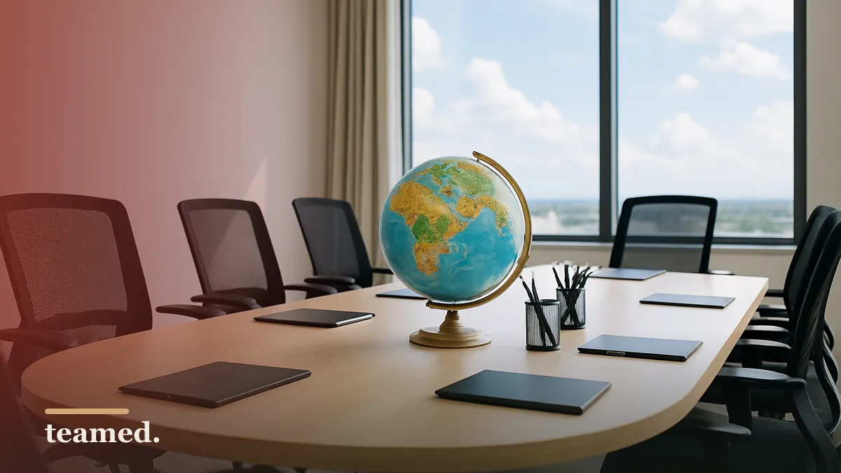 A bright meeting room with a globe and pens on a conference table, representing global hiring compliance.