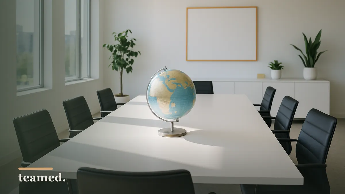 A modern office space with a globe and conference table, representing innovation in Web3 technology.