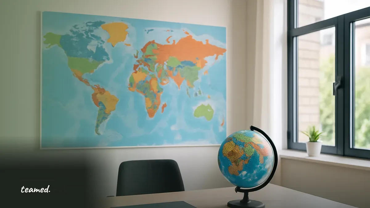 A modern office space featuring a globe and world map, representing global payroll validation tools.