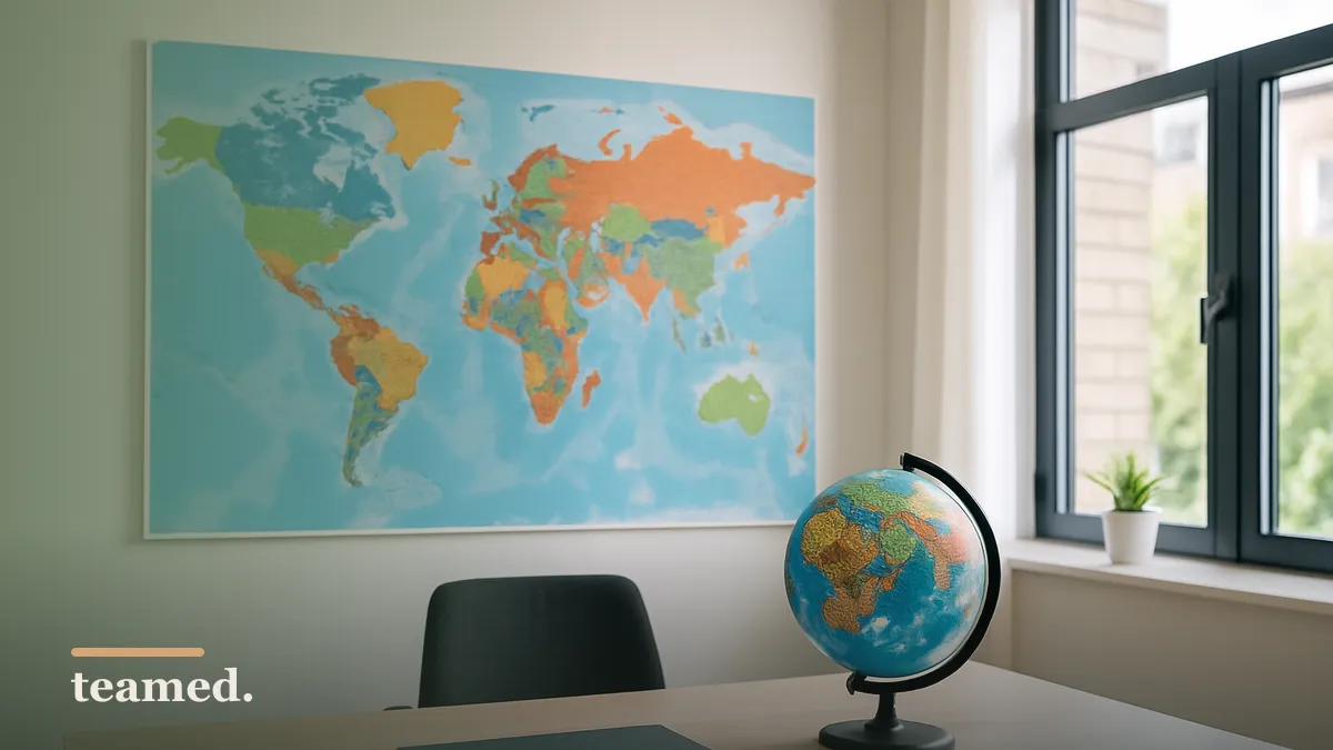 A modern office space featuring a globe and world map, representing global payroll validation tools.
