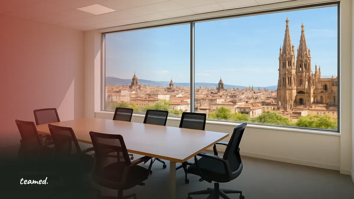 A modern office meeting room with a view of a Spanish cityscape, symbolizing the topic of background checks and compliance.